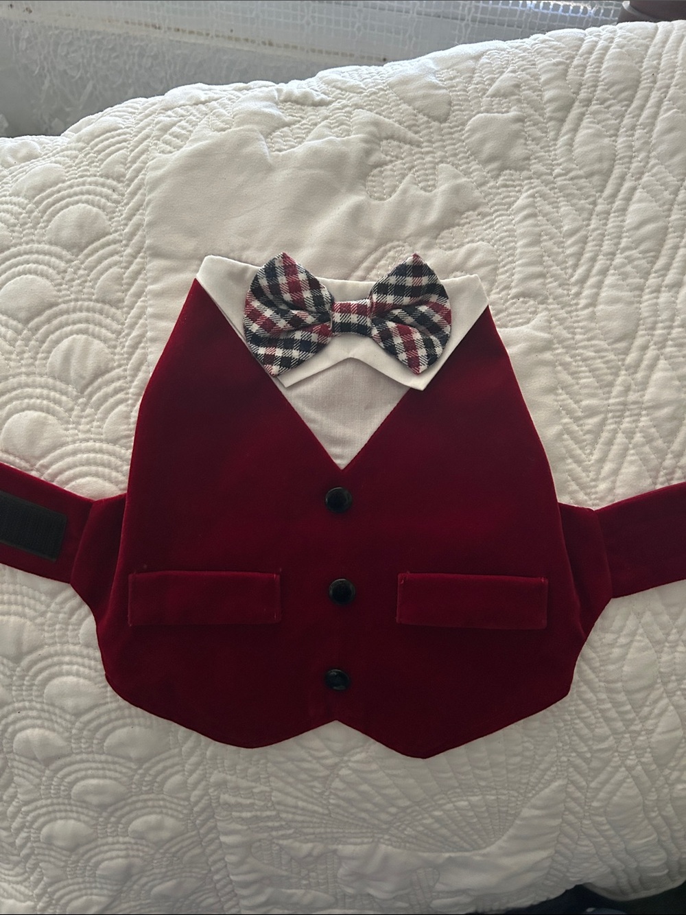 Elegant Red Velvet Pet Vest Harness with Plaid Bow Tie